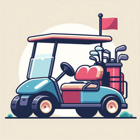 Golf cart with golf bag and flag. Vector illustration in cartoon style.のイラスト素材