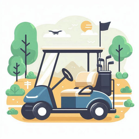 Golf cart on the golf course. Flat style vector illustration.のイラスト素材