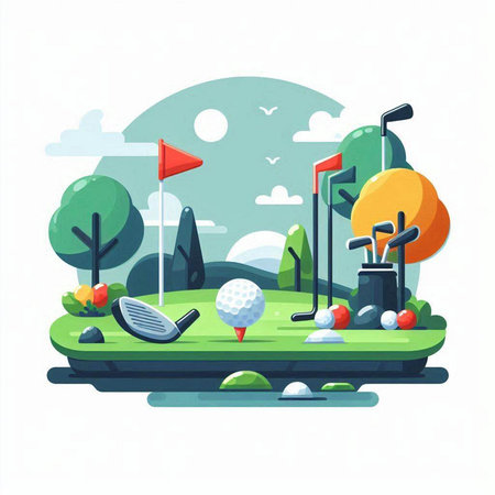 Golf course flat color vector illustration. Cartoon landscape with green grass, trees, golf club, ball and flag. Isolated cartoon landscape with golf equipment on white backgroundのイラスト素材