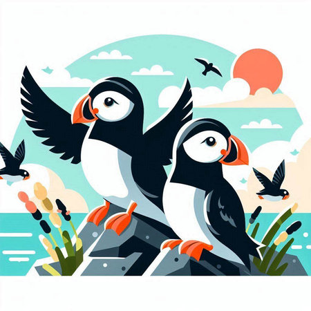 Puffins on the rocks. Vector illustration in flat style.のイラスト素材