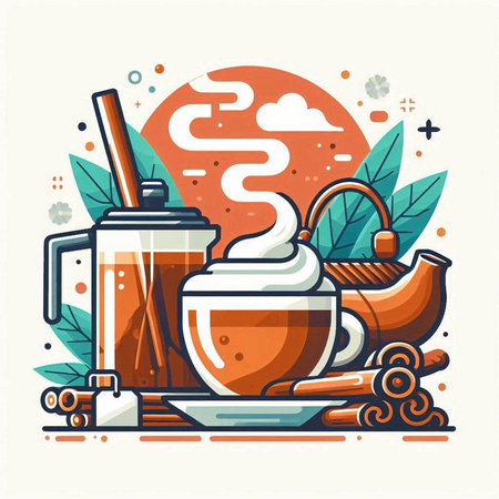 Cup of hot tea with teapot, cinnamon sticks, tea leaves. Vector illustrationのイラスト素材