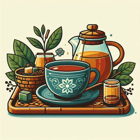 Vector illustration of a cup of tea with a teapot and a cup of tea on a trayのイラスト素材