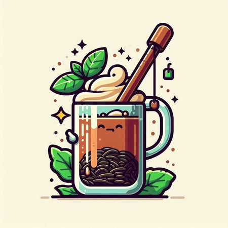 Coffee mug with whipped cream and coffee beans. Vector illustration.のイラスト素材