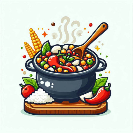 Vegetable stew in a pot with a spoon. Vector illustration.のイラスト素材