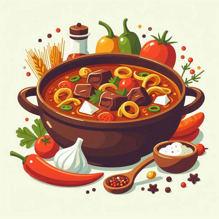 Bowl of soup with meat, vegetables and spices. Vector illustration.のイラスト素材