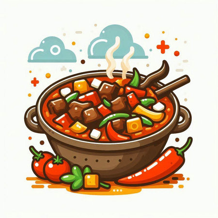 Illustration of a bowl of beef stew with chili peppers and tomatoesのイラスト素材