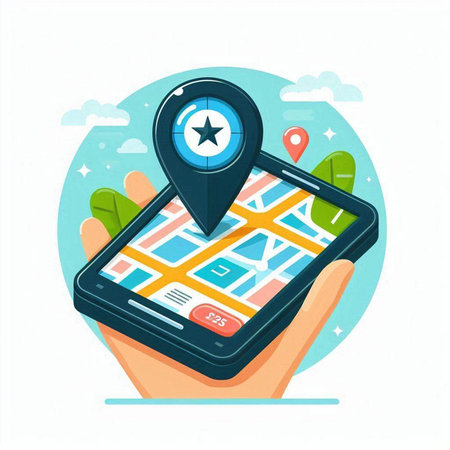 Gps navigation. Hand holding phone with gps application. Vector illustrationのイラスト素材