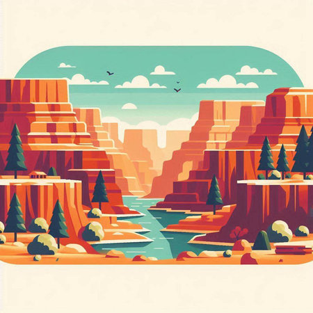 Landscape with red rocks and lake. Vector illustration in retro styleのイラスト素材