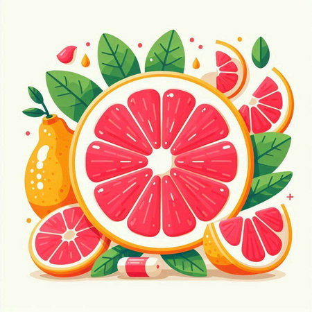 Grapefruit vector illustration. Juicy fresh grapefruit with leaves.のイラスト素材