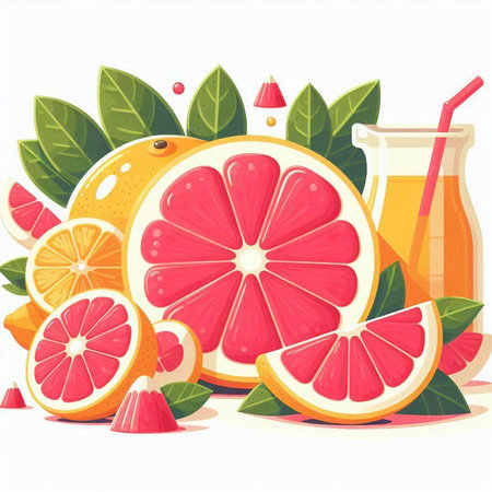 Fruit juice in a glass, grapefruit and oranges. Vector illustrationのイラスト素材