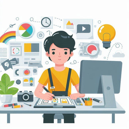 Young man working at the desk in the office. Flat design vector illustration.のイラスト素材