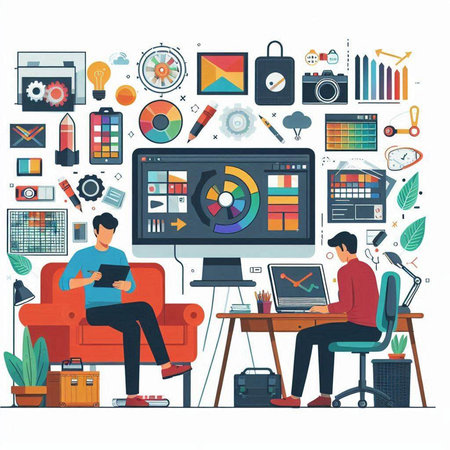 Vector illustration of business people working in office. Flat design style.のイラスト素材