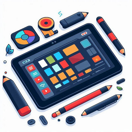 Vector illustration of a graphic tablet with a set of tools for drawing and coloringのイラスト素材