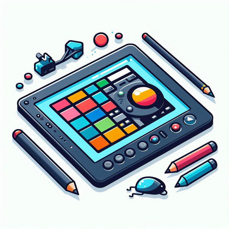 Vector illustration of a tablet with colored pencils, flash and buttonsのイラスト素材