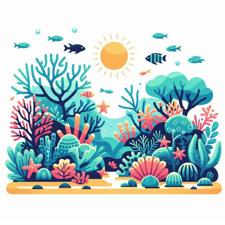 Underwater landscape with corals, algae and fishes. Vector illustrationのイラスト素材