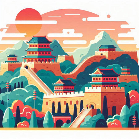 Landscape of the Great Wall of China. Vector illustration in flat styleのイラスト素材