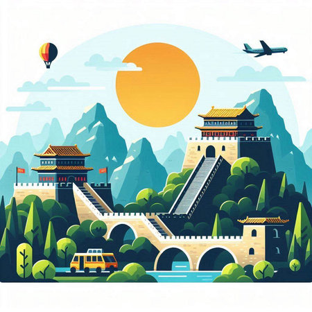 Landscape of the ancient Chinese city in flat style. Vector illustrationのイラスト素材