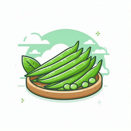 Fresh green peas on a wooden plate. Vector illustration in flat style.のイラスト素材