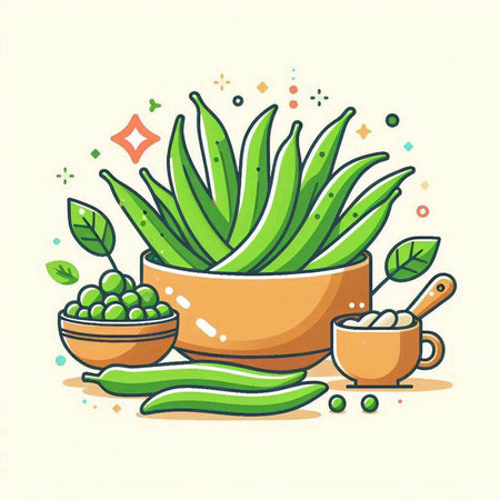 Vector illustration of aloe vera in wooden bowl, bowl with green beans, mortar and pestle.のイラスト素材
