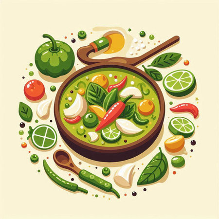 Vector illustration of a green curry in a pan with vegetables and spicesのイラスト素材