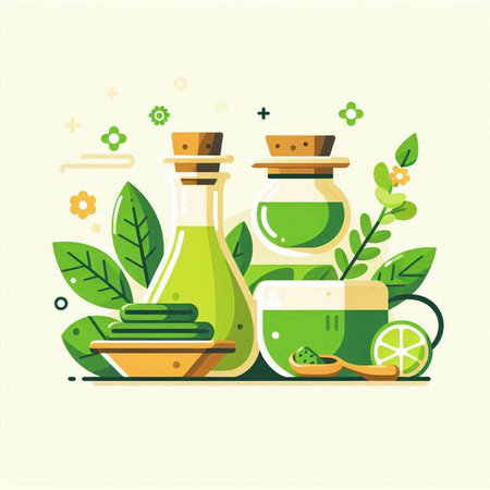 Spa and wellness flat vector illustration. Essential oils, herbs, mortar, pestle, towel, olive oil.のイラスト素材