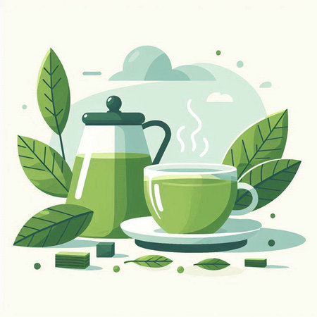 Green tea with teapot and green leaves. Vector illustration.のイラスト素材