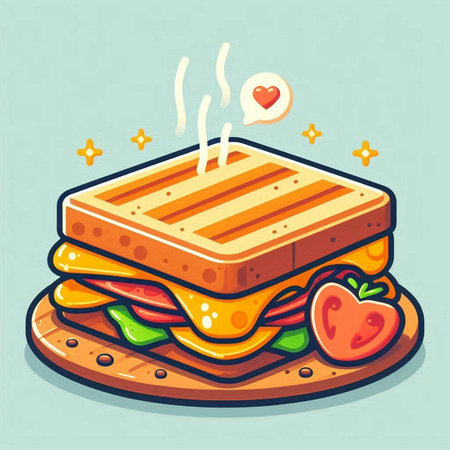 Vector illustration of sandwich with tomato and cheese. Cute cartoon style.のイラスト素材