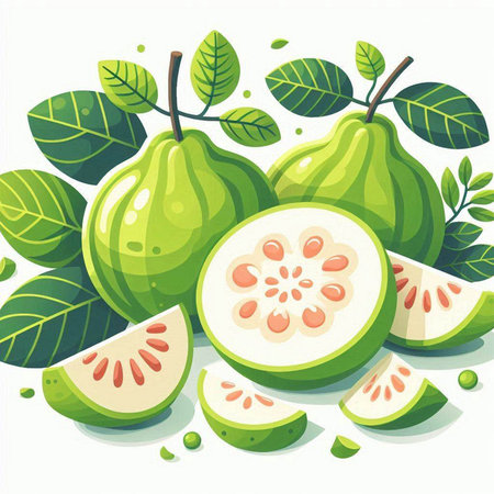Illustration of guava fruits and leaves on a white background.のイラスト素材