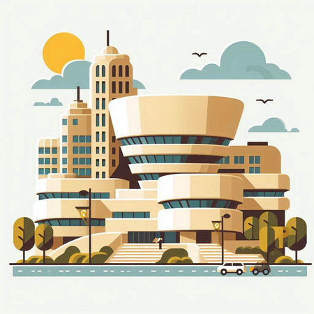 Modern office building. Vector illustration in flat style. Business center.のイラスト素材