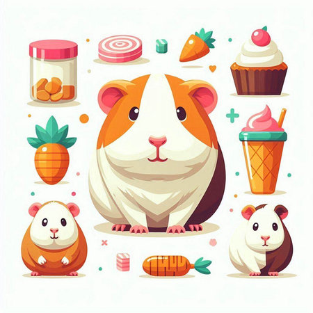 Cute hamster vector illustration. Cute hamster character with different food.のイラスト素材