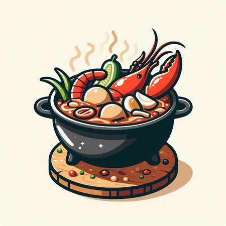 Illustration of a seafood soup in a pot. Vector illustration.のイラスト素材