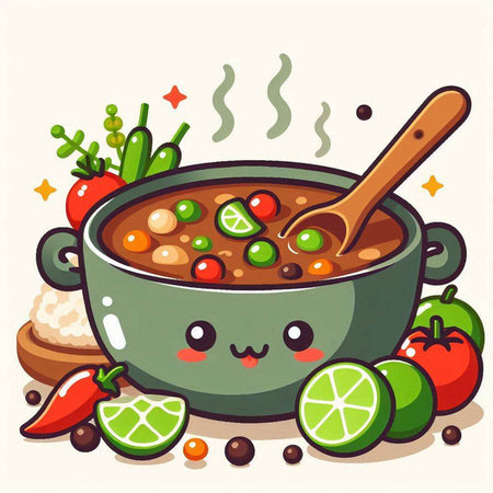 Cartoon Illustration of Vegetable Soup with Lime and Spicesのイラスト素材