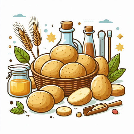 Potatoes in a wicker basket. Vector illustration on white background.のイラスト素材