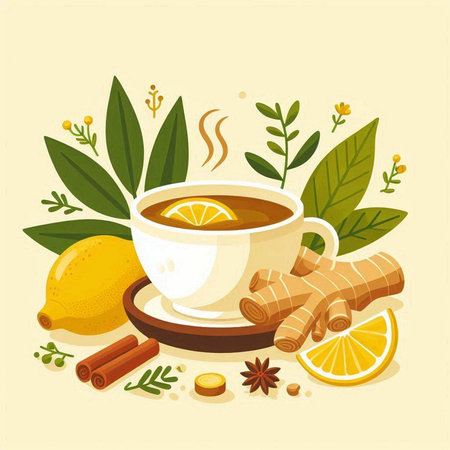 Cup of tea with lemon, ginger and cinnamon. Vector illustration.のイラスト素材