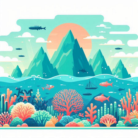Sea landscape with corals, fishes and mountains. Vector illustration.のイラスト素材