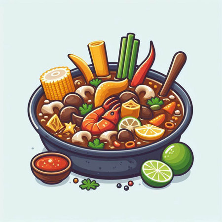 Illustration of a bowl of chinese soup with vegetables and seafoodのイラスト素材