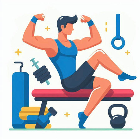 Muscular man doing exercises with dumbbells. Flat vector illustrationのイラスト素材