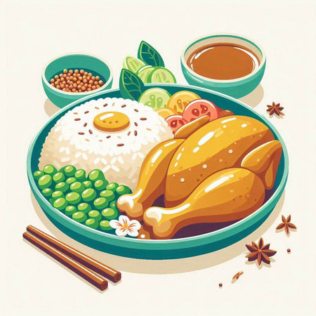 Illustration of chicken, rice and vegetables on plate. Vector illustration.のイラスト素材