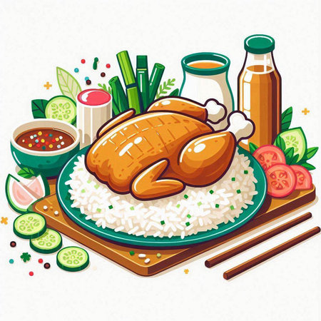 Illustration of a chicken with rice and vegetables on a white backgroundのイラスト素材