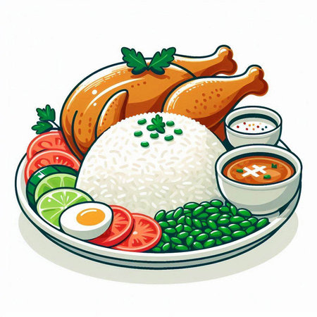 Illustration of chicken with rice and vegetables on a white background.のイラスト素材