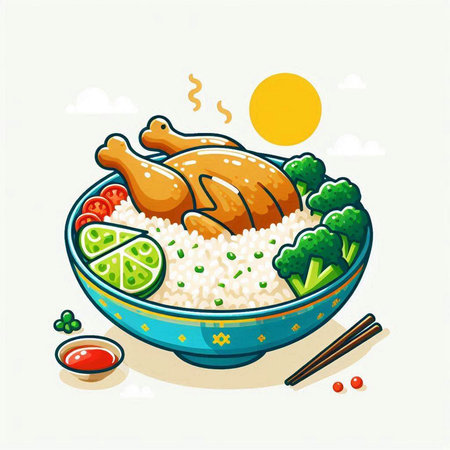 Illustration of a bowl of rice with chicken and vegetables on a white backgroundのイラスト素材