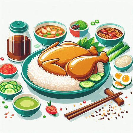 Illustration of a traditional Asian dish with chicken, rice and vegetablesのイラスト素材