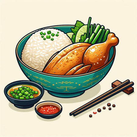 Illustration of a bowl of rice with chicken and chopsticks.のイラスト素材