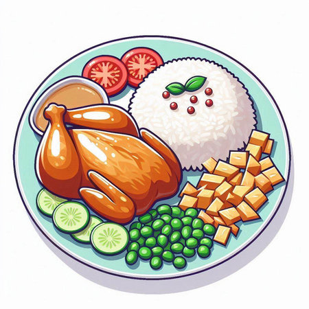 Illustration of a chicken with rice and vegetables on a white backgroundのイラスト素材