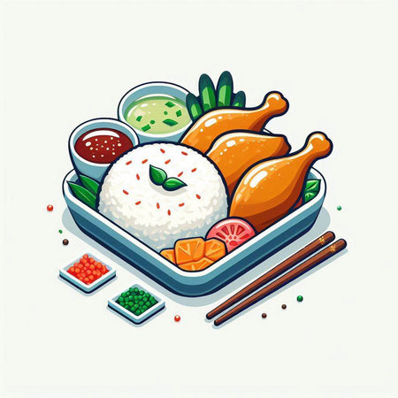 Illustration of a plate of food with chicken, rice and vegetablesのイラスト素材