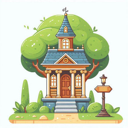 Wooden church in the park. Cartoon style. Vector illustration.のイラスト素材