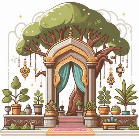 Illustration of a Hindu Temple with trees and plants on a white backgroundのイラスト素材