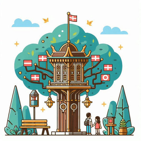 Vector illustration of a park with trees, benches and lanterns.のイラスト素材