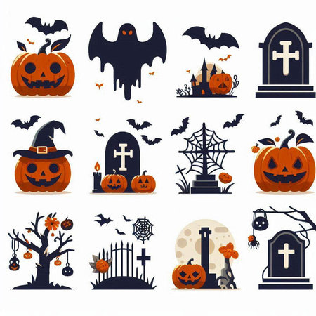 Halloween icons set with pumpkin, cemetery and bats isolated vector illustrationのイラスト素材