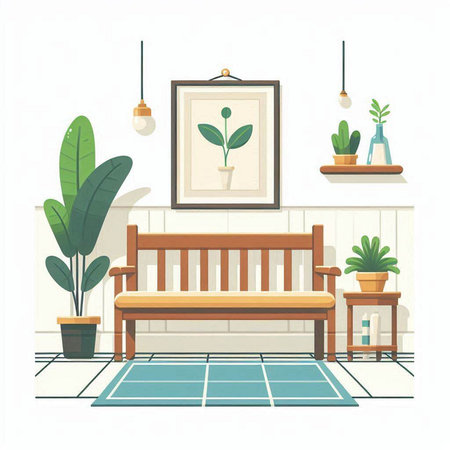 Interior of the living room with a wooden bench and plants. Vector illustrationのイラスト素材